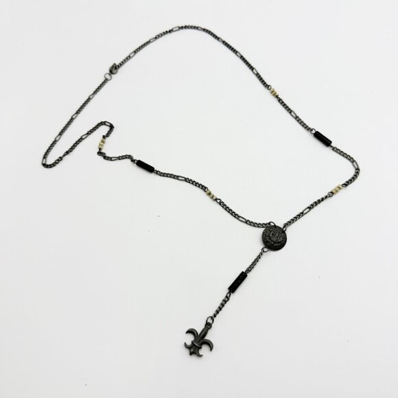 Vintage Fleur-de-Lis Y Necklace Gunmetal Chain Pendant Necklace - Picture 3 of 8